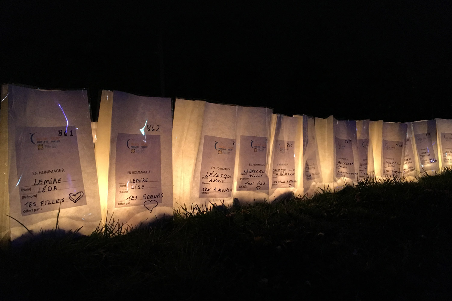 Glowing luminaries lined up in a row at night. 

 
